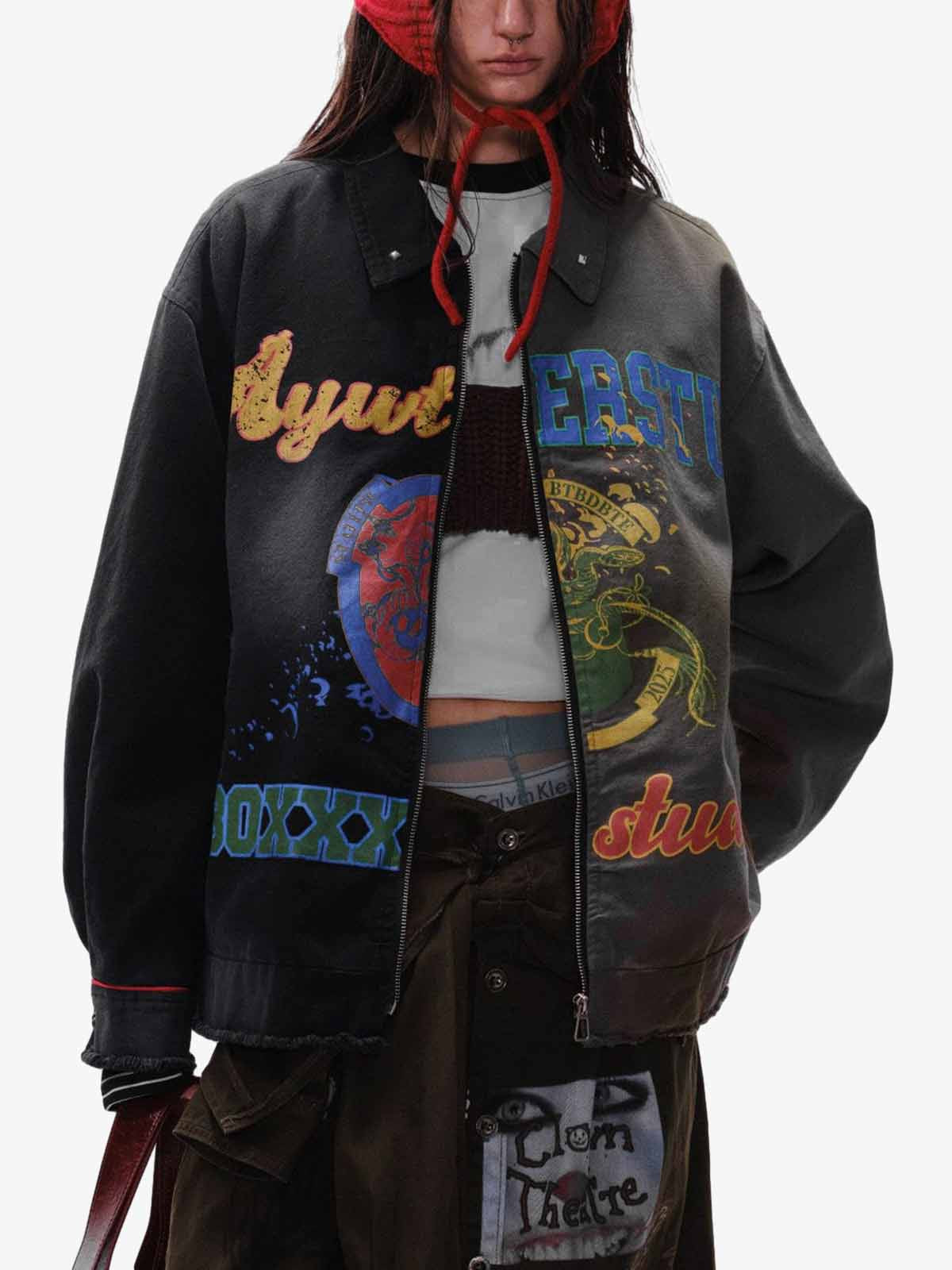 Contrast Color Spliced Graffiti Zip Up Jacket-Fineriform