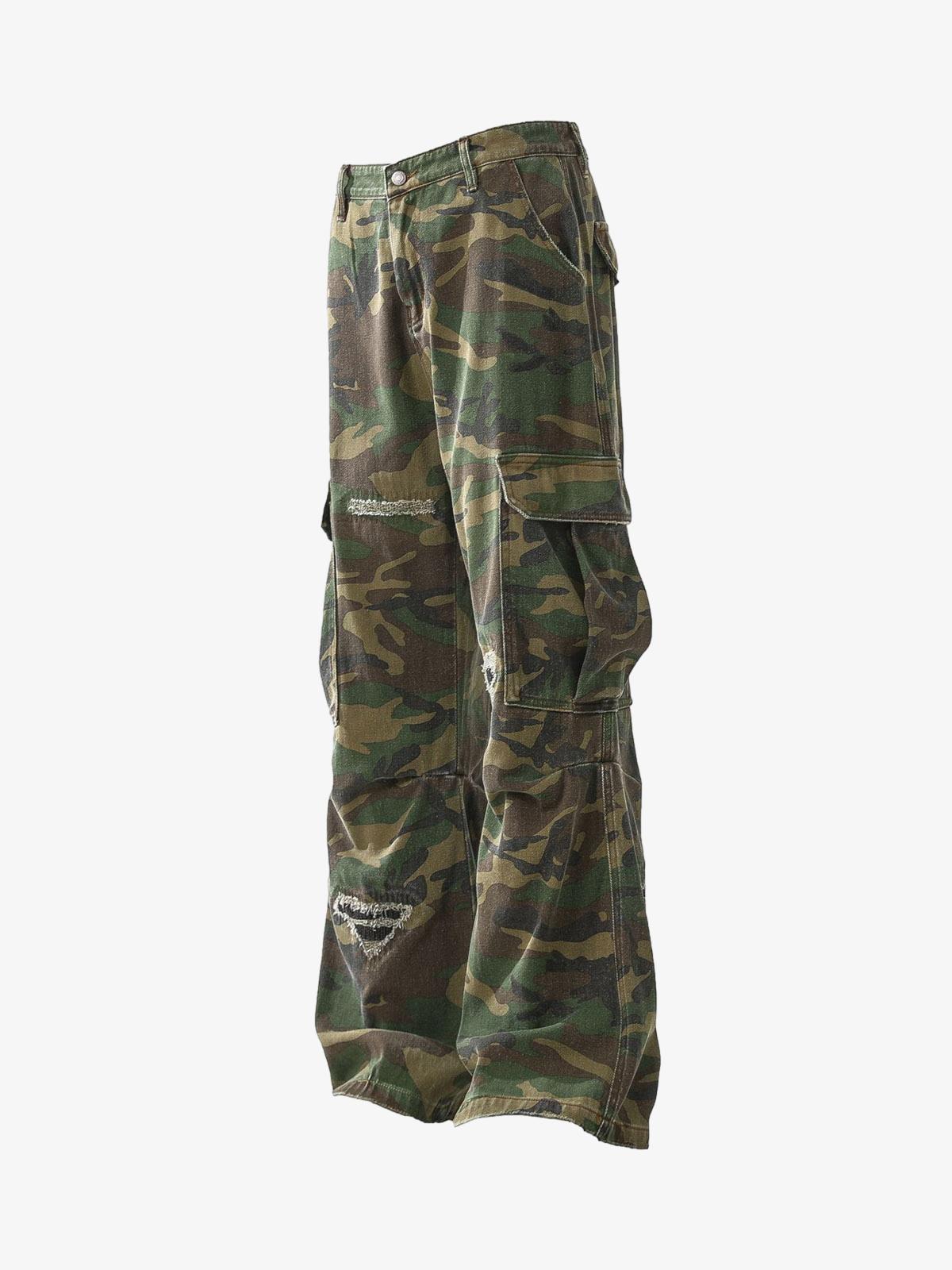Woven Ripped Camouflage Flared Cargo Pants - 2410-Fineriform