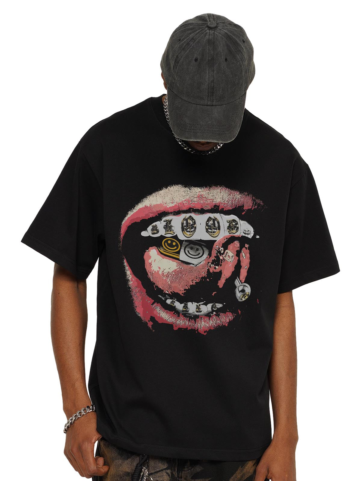 Street Retro Washed Lip Print T-shirt-Fineriform