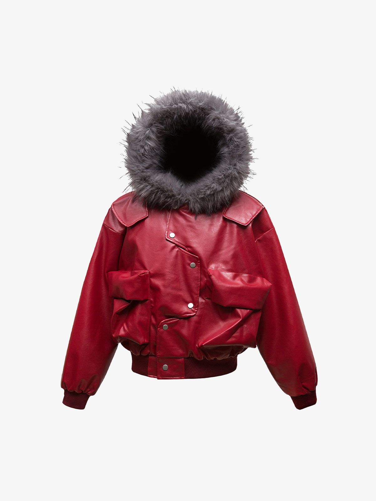 Deconstructed Multi Pocket Fur Hooded PU Leather Jacket-Fineriform