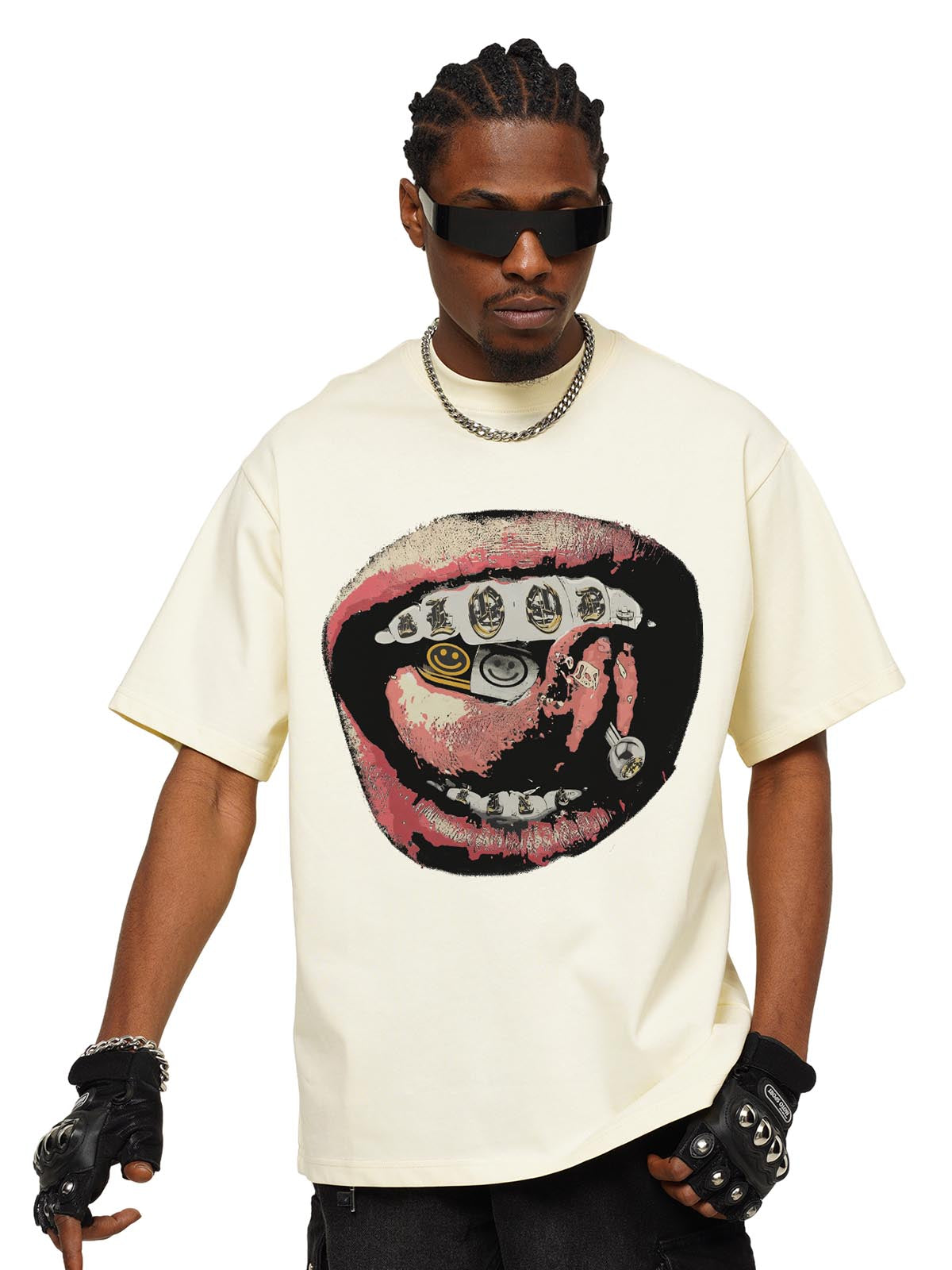 Street Retro Washed Lip Print T-shirt-Fineriform