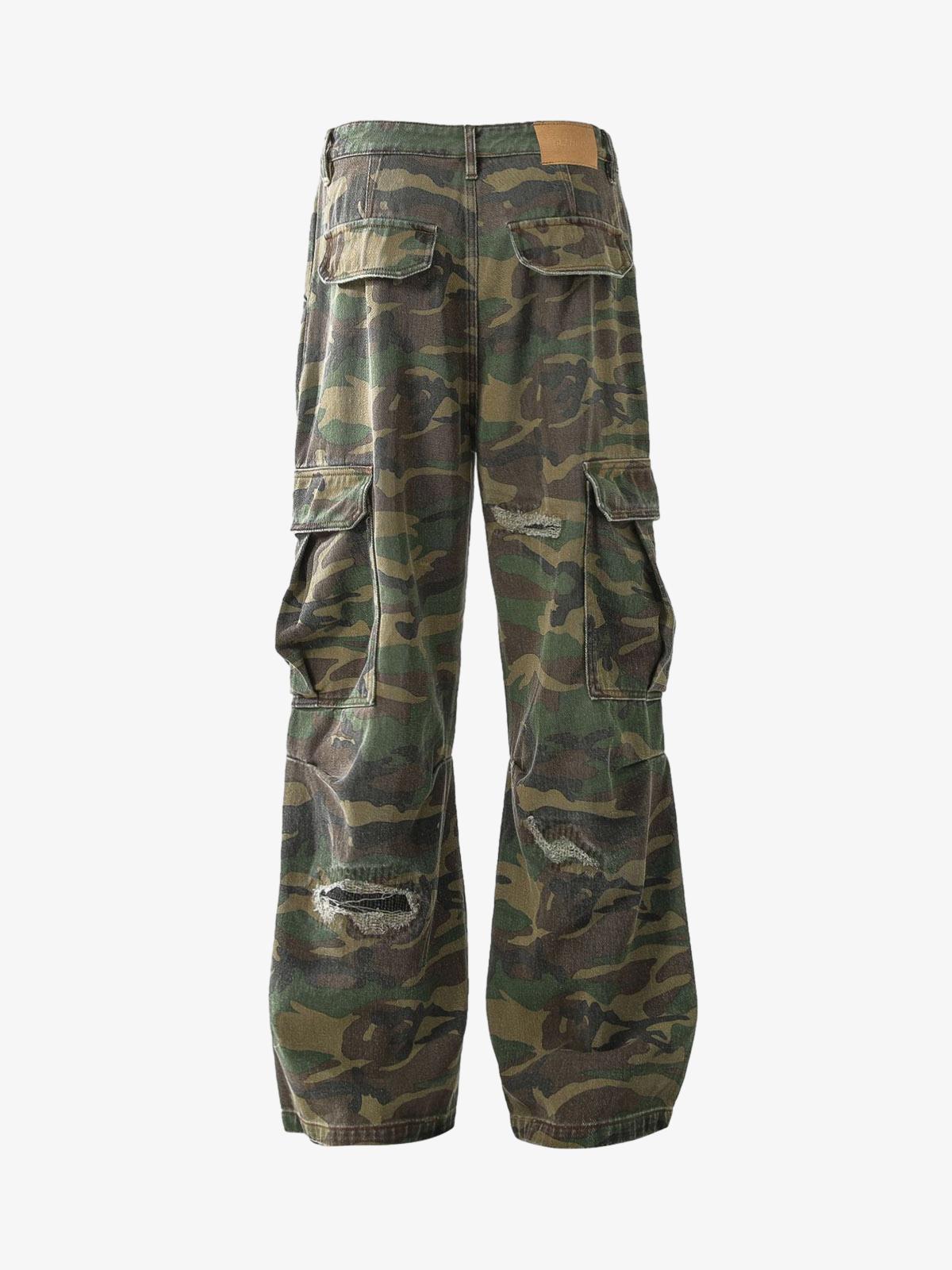Woven Ripped Camouflage Flared Cargo Pants - 2410-Fineriform