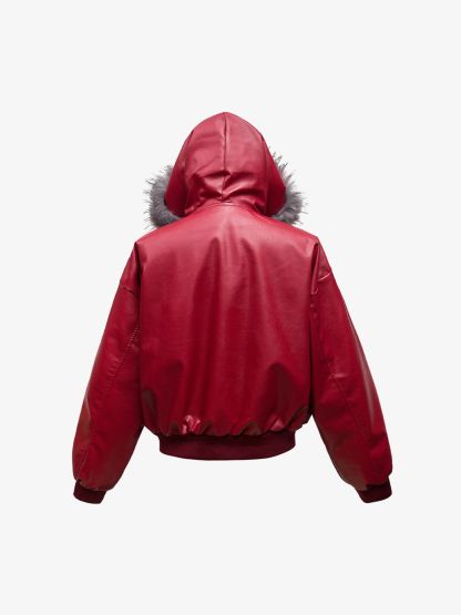 Deconstructed Multi Pocket Fur Hooded PU Leather Jacket-Fineriform