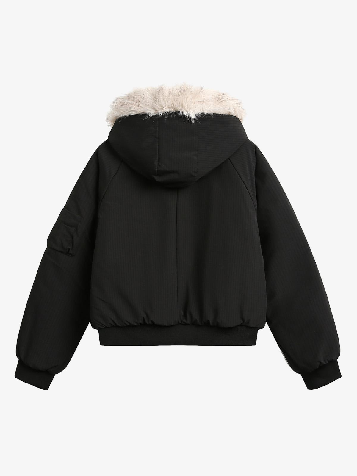 Retro Fur Hooded Fleece Bomber Jacket - 2478-Fineriform