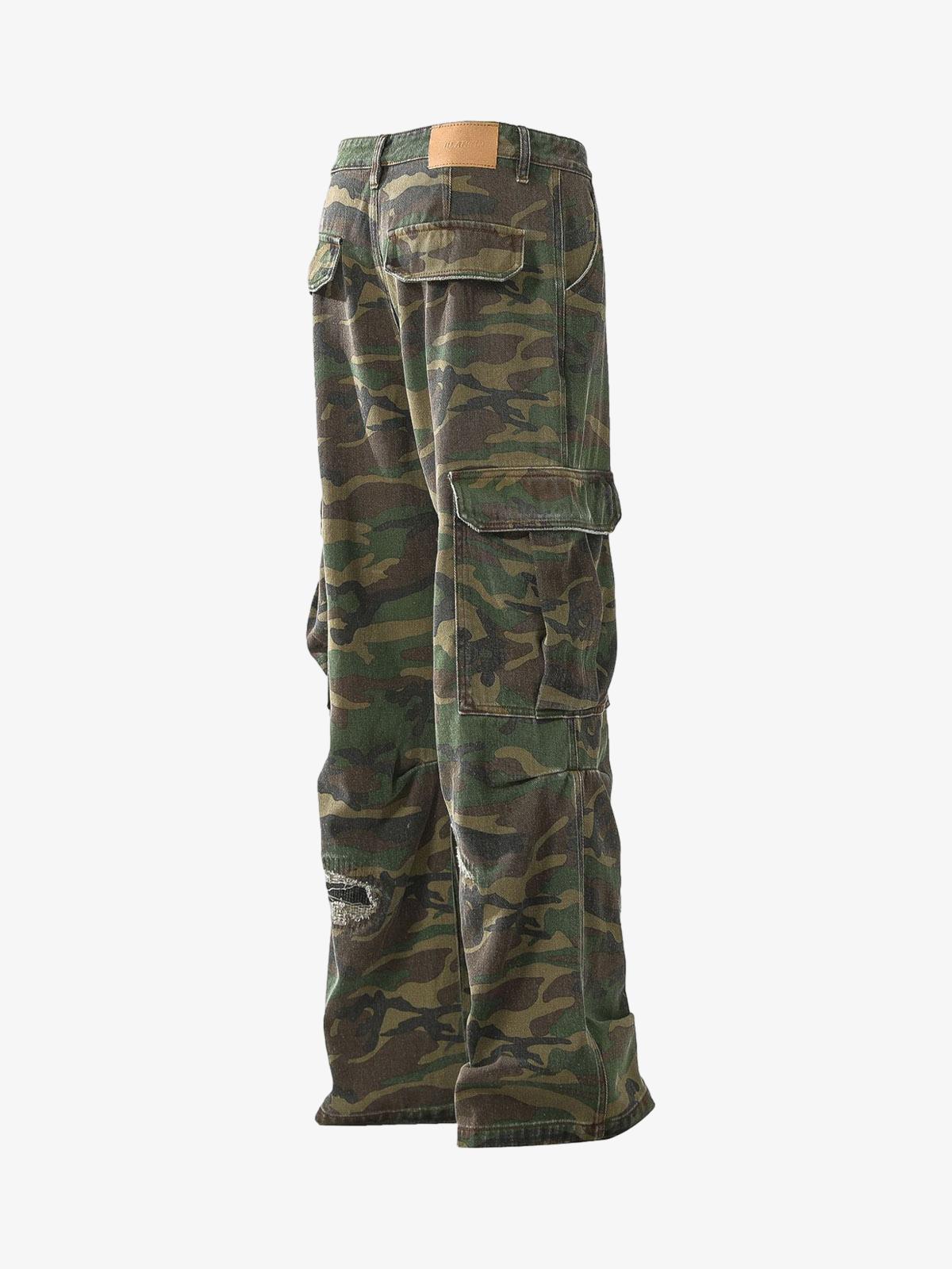 Woven Ripped Camouflage Flared Cargo Pants - 2410-Fineriform