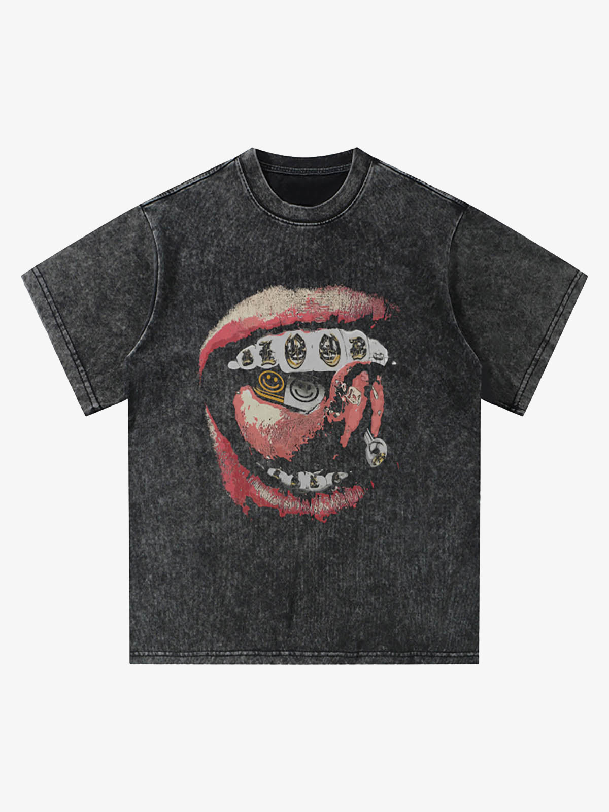 Street Retro Washed Lip Print T-shirt-Fineriform