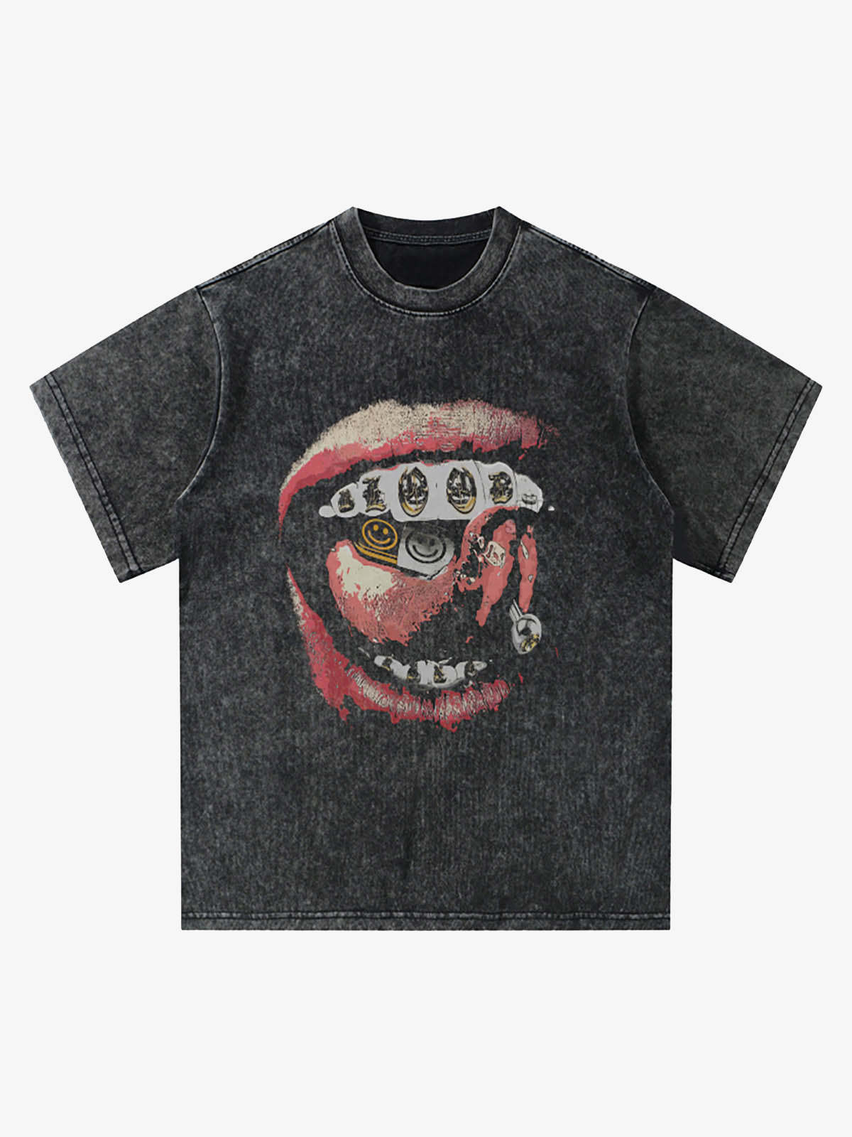 Street Retro Washed Lip Print T-shirt-Fineriform