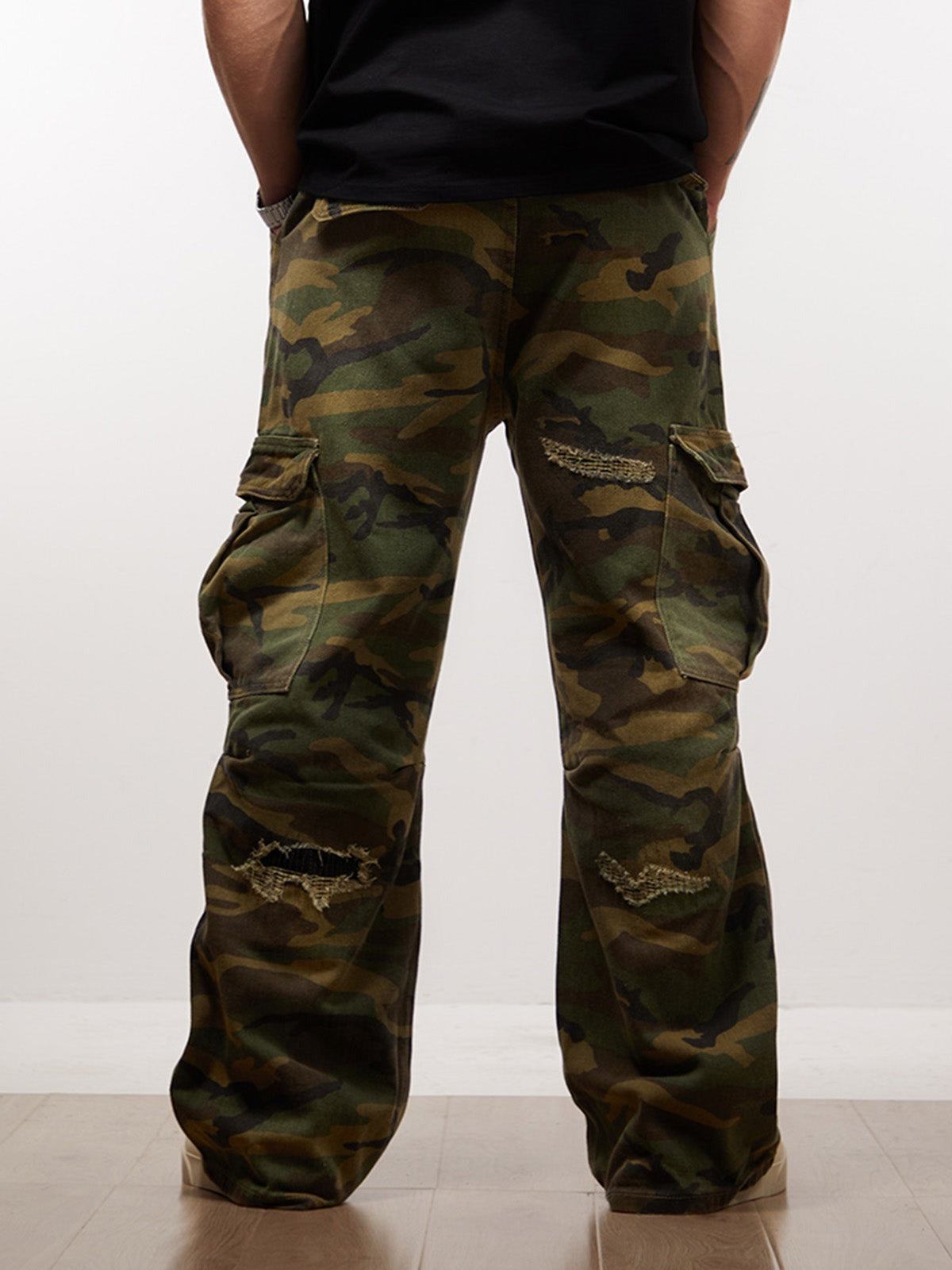 Woven Ripped Camouflage Flared Cargo Pants - 2410-Fineriform