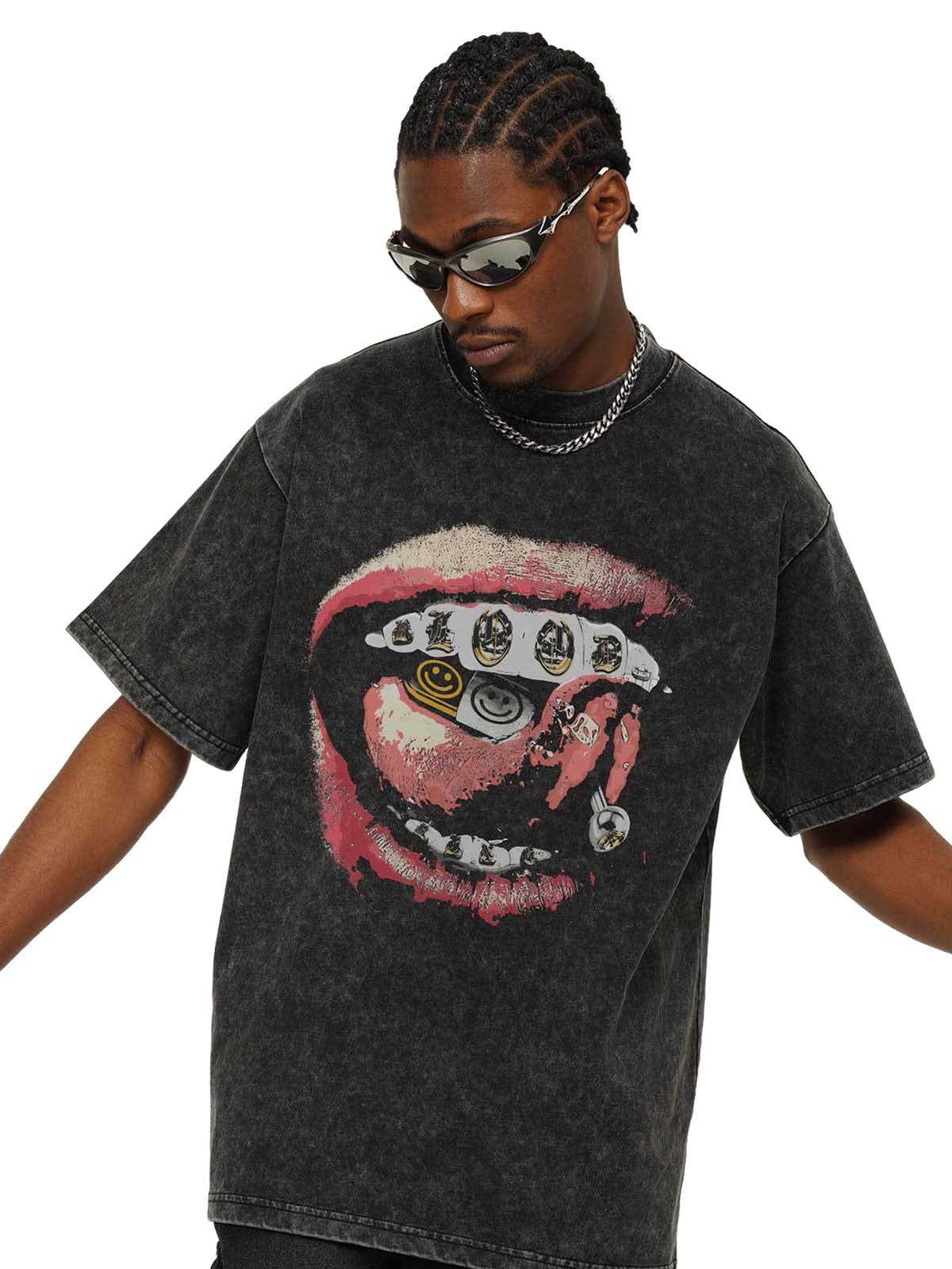Street Retro Washed Lip Print T-shirt-Fineriform