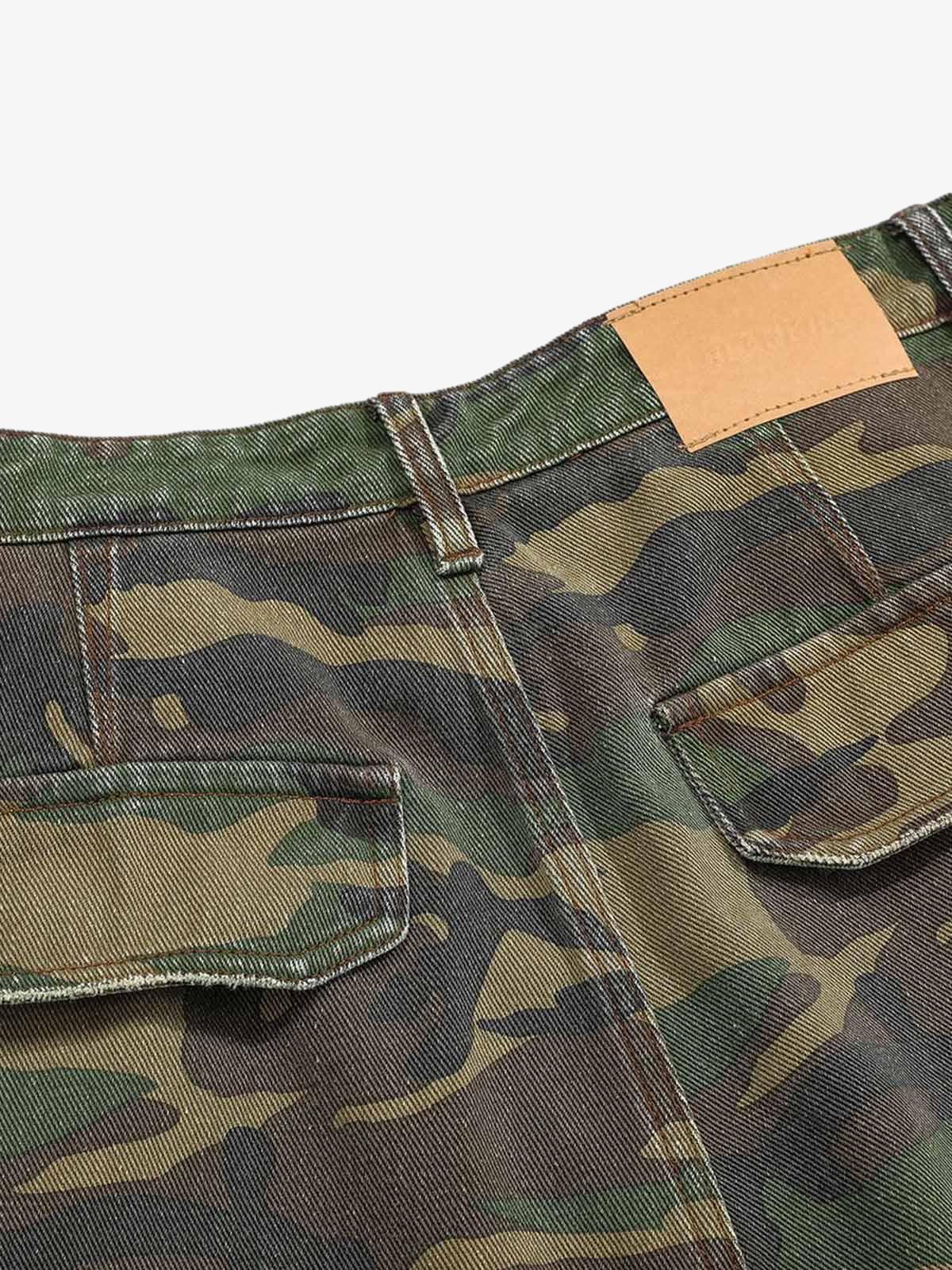 Woven Ripped Camouflage Flared Cargo Pants - 2410-Fineriform