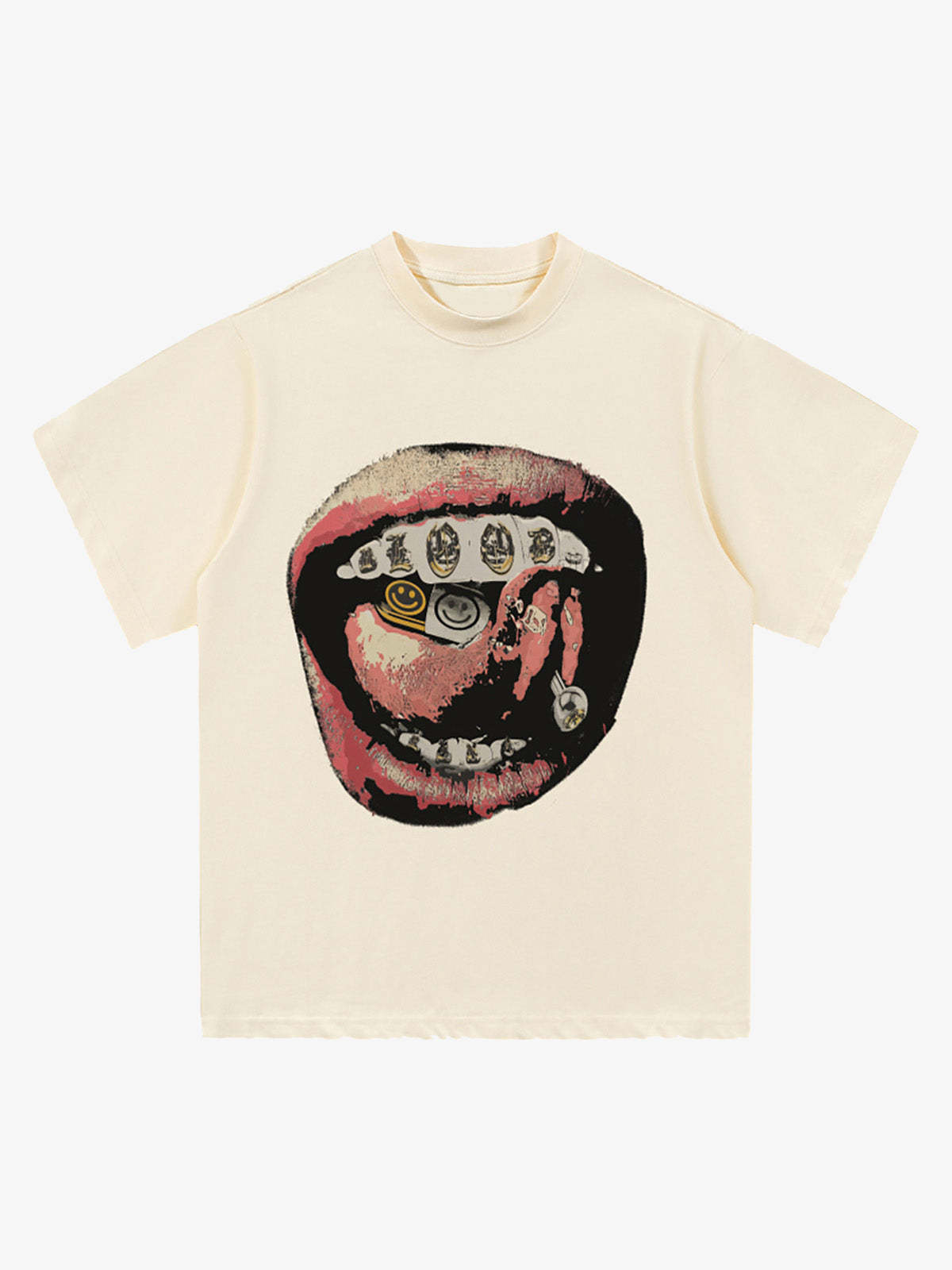 Street Retro Washed Lip Print T-shirt-Fineriform