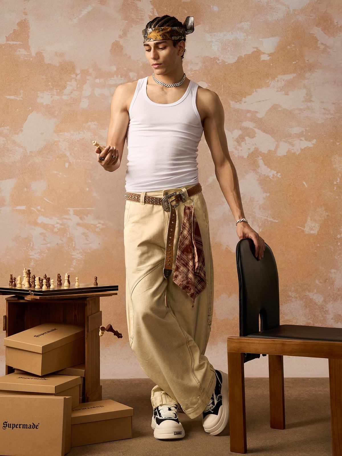 Washed Distressed Detachable Scarf Barrel Jeans - 2550-Fineriform