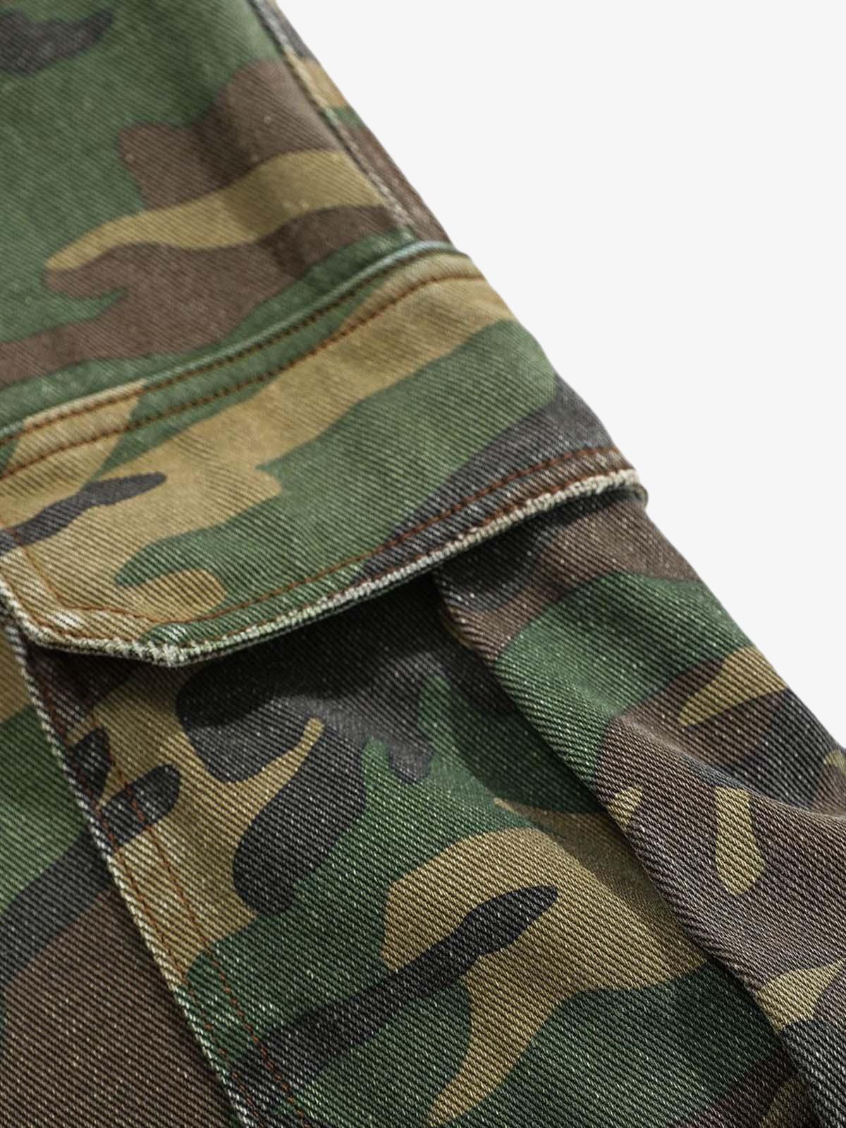 Woven Ripped Camouflage Flared Cargo Pants - 2410-Fineriform