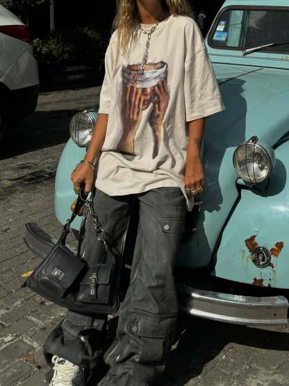 Thesupermade American Tide Loose Print Round Neck T-shirt -1640-Fineriform