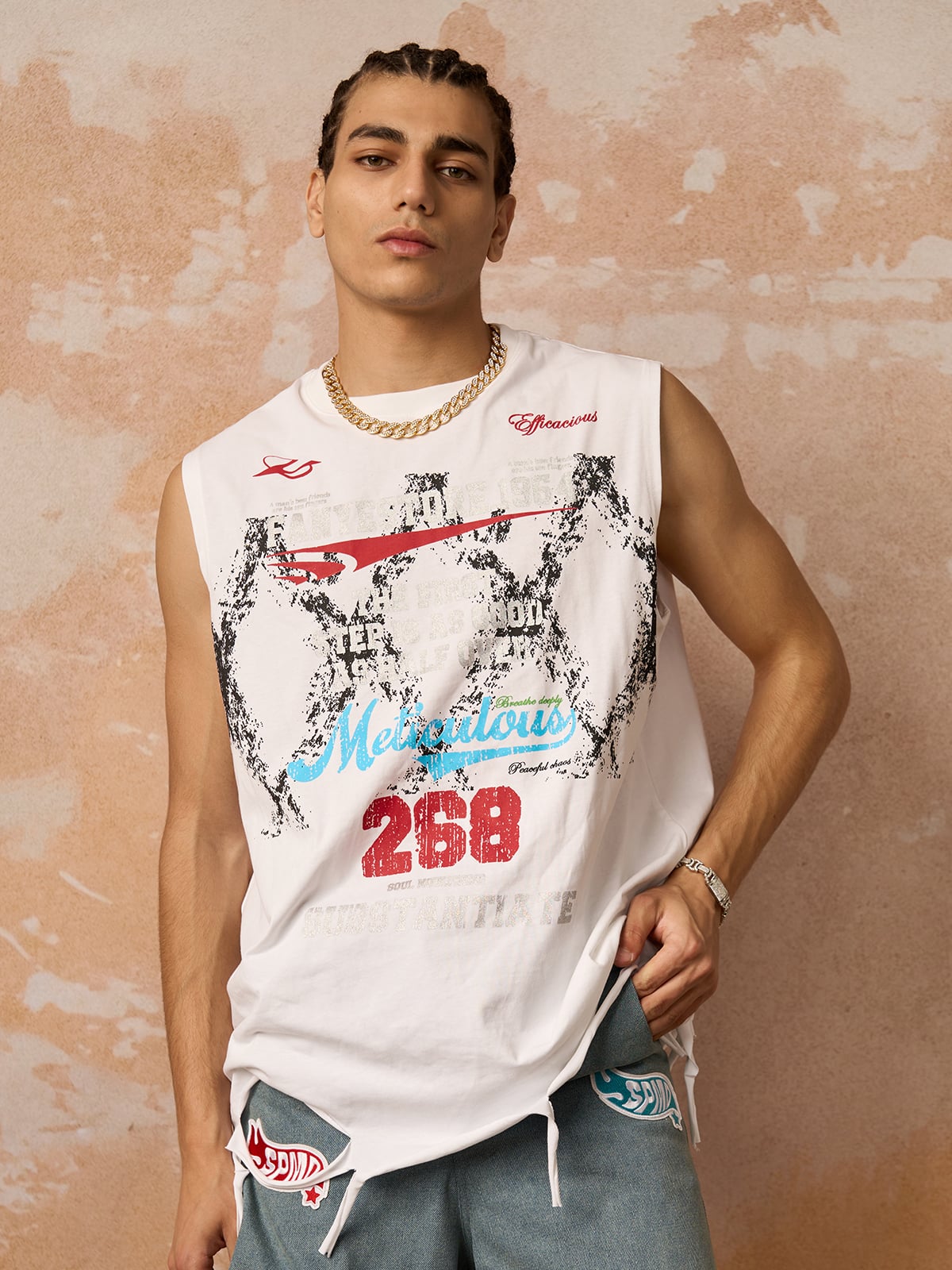 Retro Tattered Print Vest-Fineriform