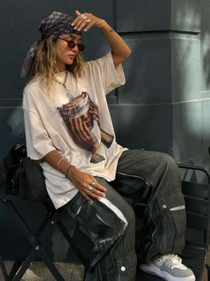 Thesupermade American Tide Loose Print Round Neck T-shirt -1640-Fineriform
