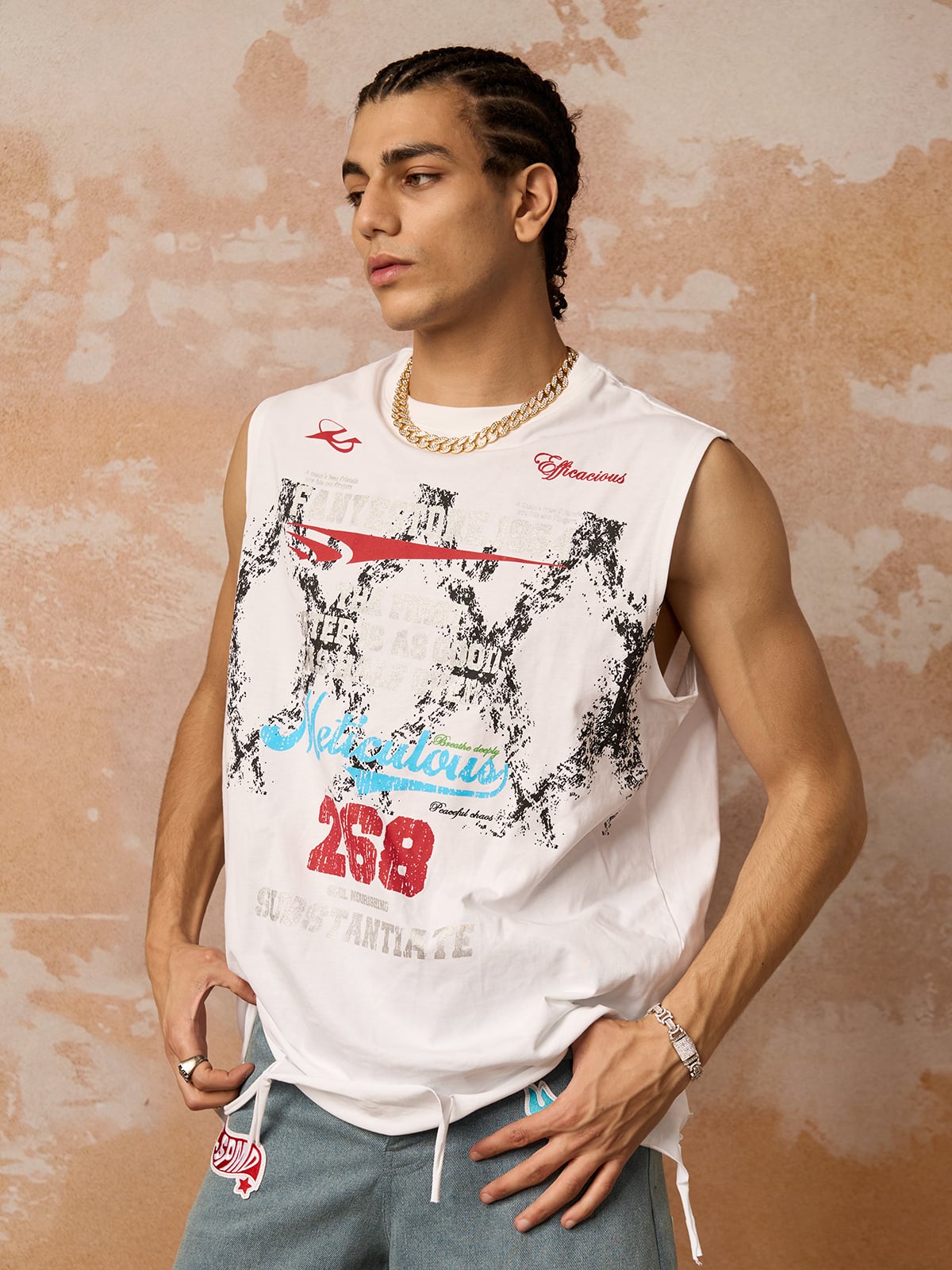 Retro Tattered Print Vest-Fineriform