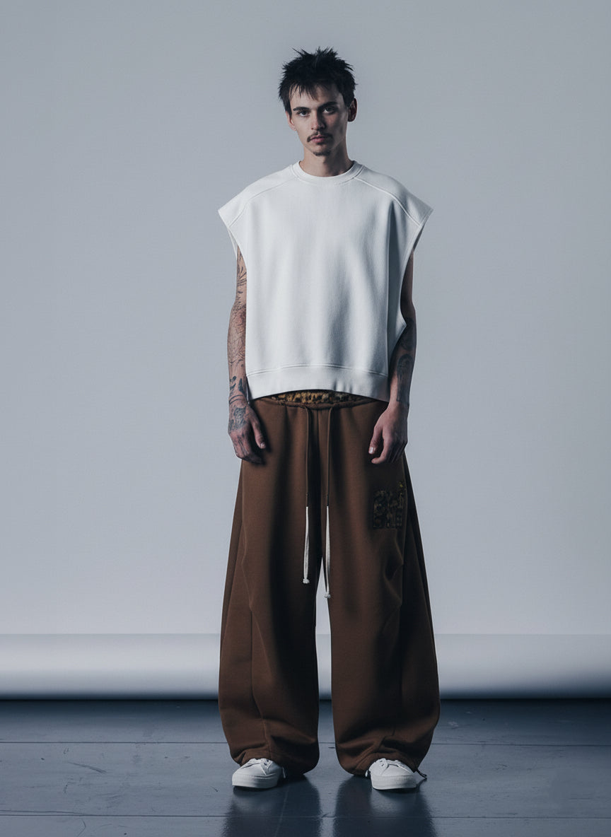 Retro Double-Waist Leopard Patch Barrel Pants-Fineriform