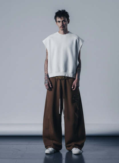 Retro Double-Waist Leopard Patch Barrel Pants-Fineriform
