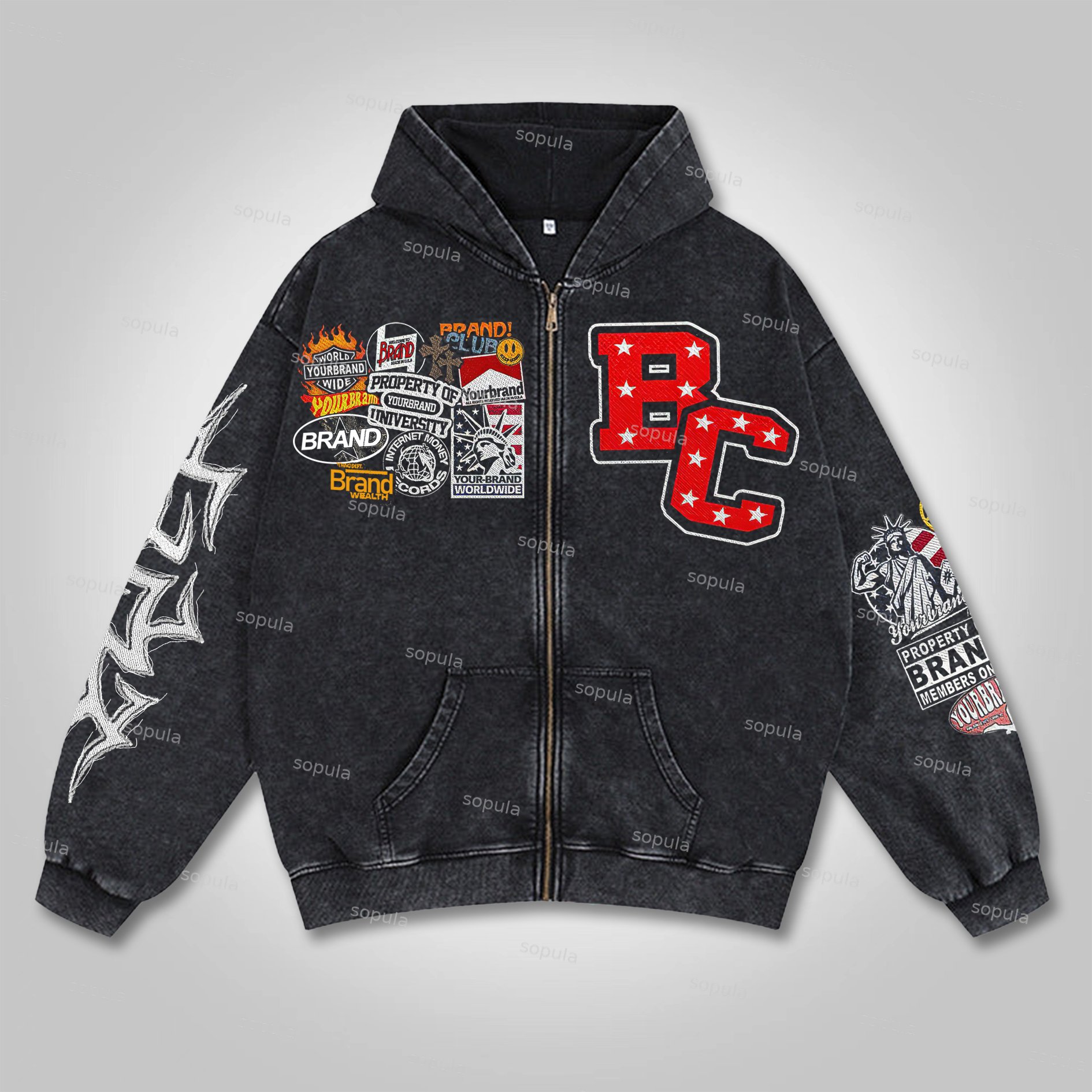 Sopula Vintage Warzone Peace Club Graphic Washed Zip-Up Hoodie-Fineriform