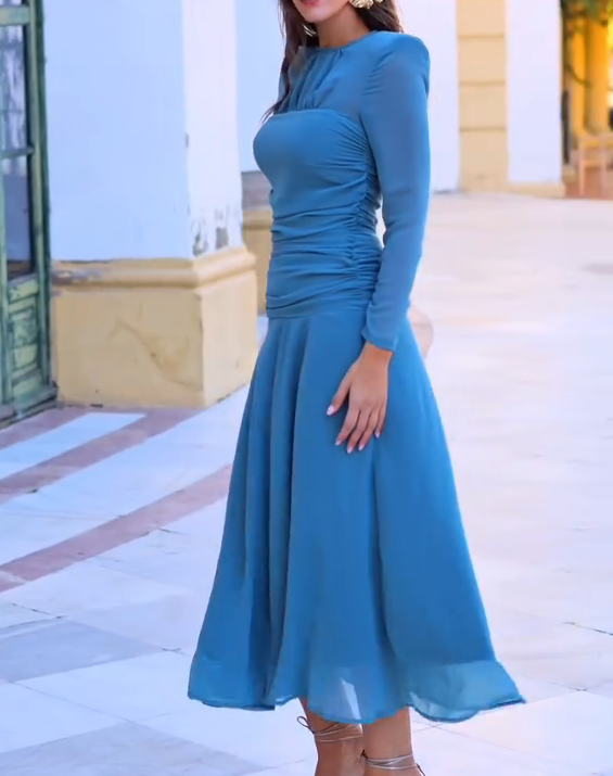 Misty Blue Pleated Waist-cinching Mesh Dress