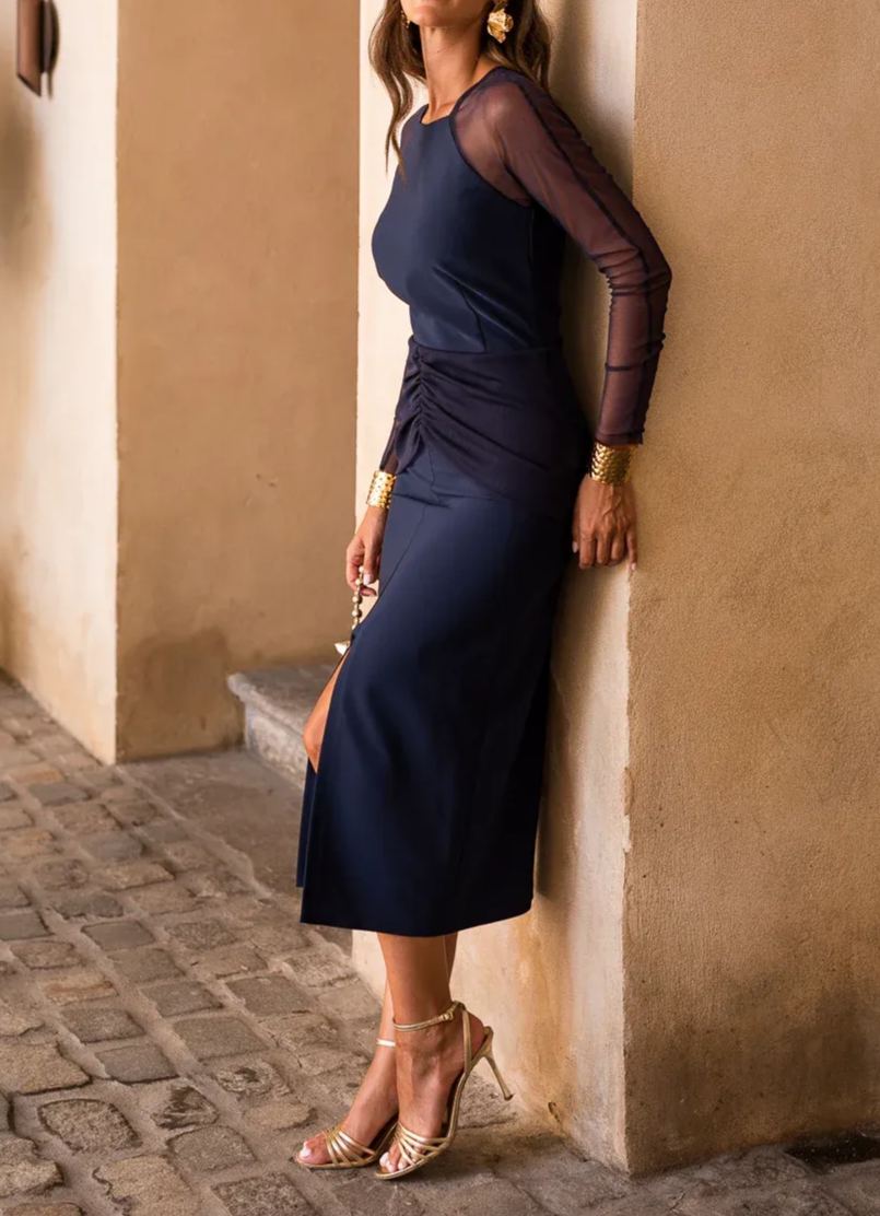 Vestido midi manga larga tul azul marino