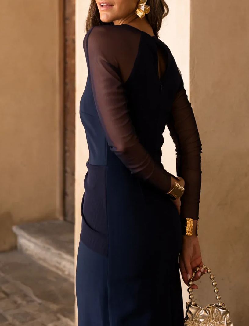 Vestido midi manga larga tul azul marino