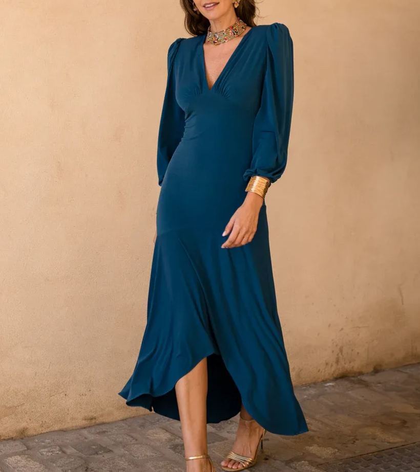 Navy blue asymmetrical ruffle midi dress