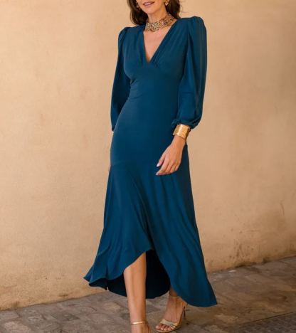 Navy blue asymmetrical ruffle midi dress