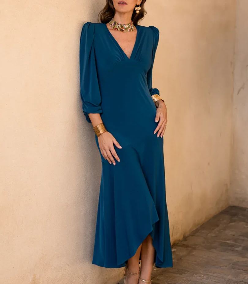 Navy blue asymmetrical ruffle midi dress