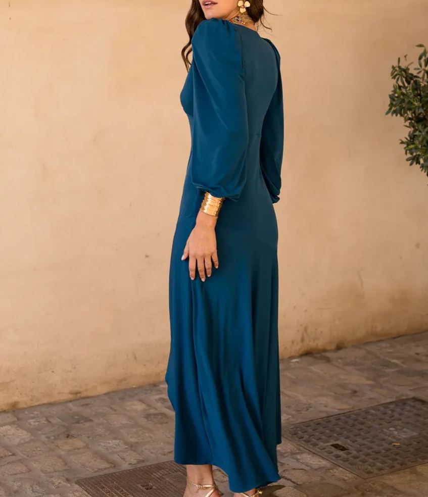 Navy blue asymmetrical ruffle midi dress