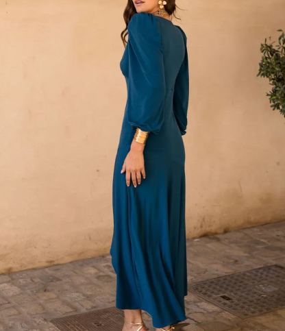 Navy blue asymmetrical ruffle midi dress