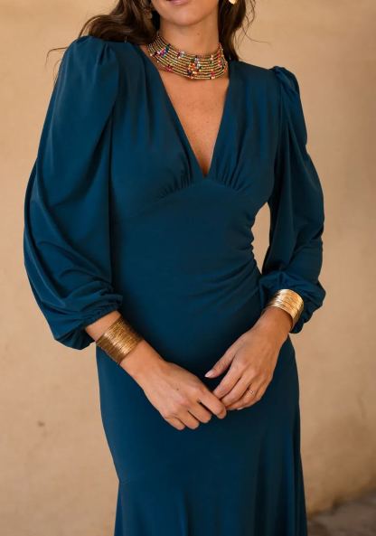 Navy blue asymmetrical ruffle midi dress