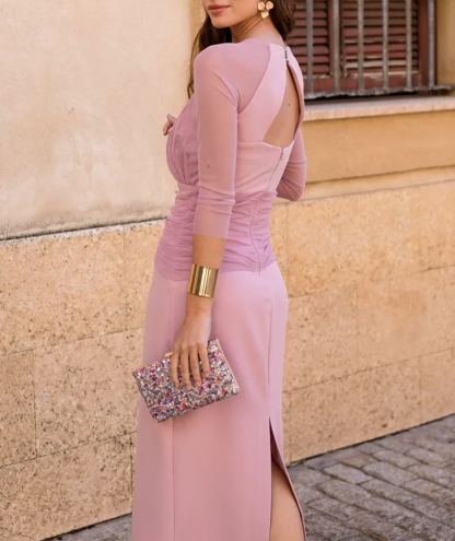 Nude Pink Round Neck Tulle Pleated Dress