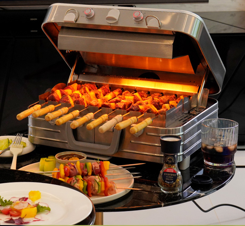Folding electric grill, smoke-free electric baking tray, camping automatic rotating skewer grill