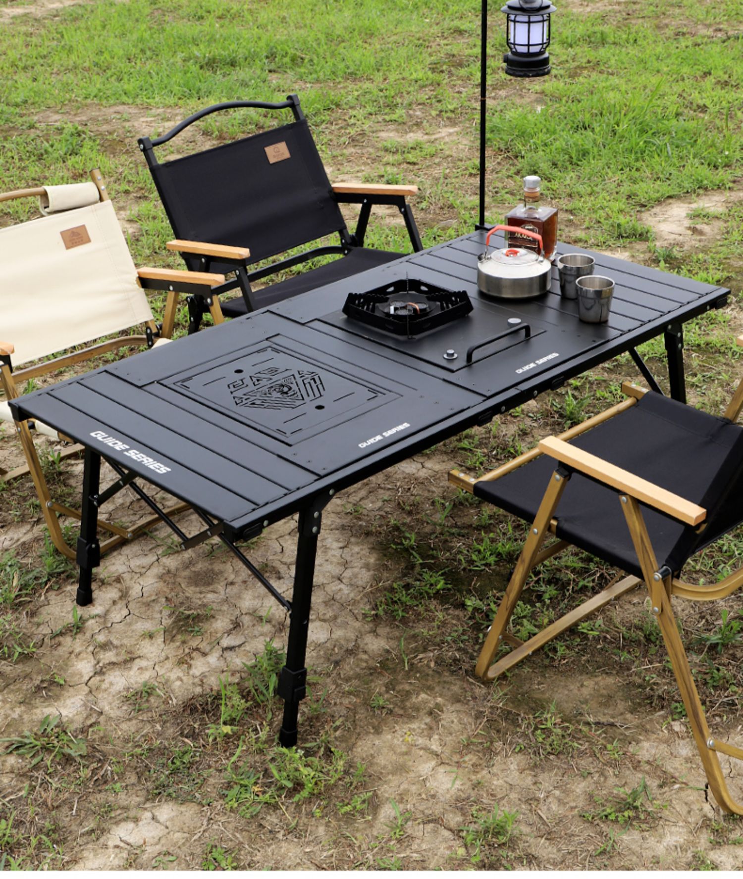 Outdoor folding table, adjustable table for picnicking, camping table