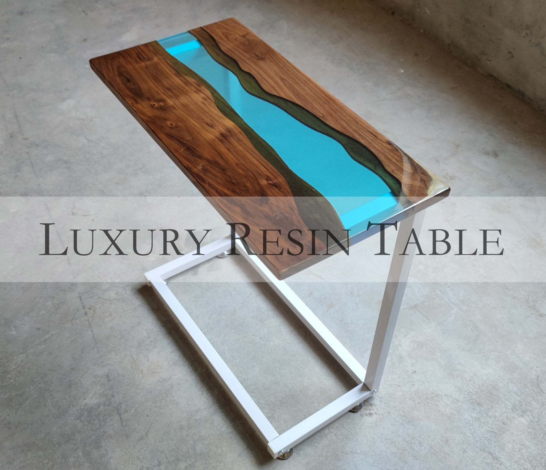 Resin Amber Landscape Table, North American Black Walnut Tea Table, Resin River Table