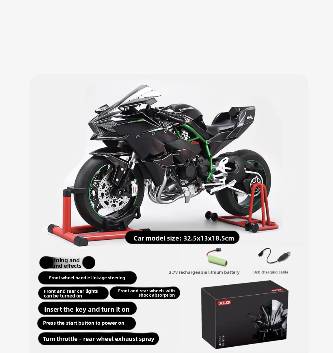 Kawasaki H2R Dynamic Motorcycle Alloy Model 1:6 Large Simulation Locomotive Ignite Start Model