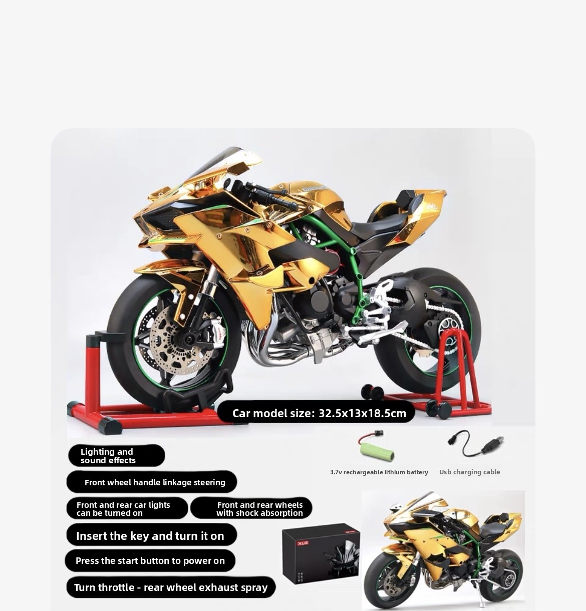 Kawasaki H2R Dynamic Motorcycle Alloy Model 1:6 Large Simulation Locomotive Ignite Start Model