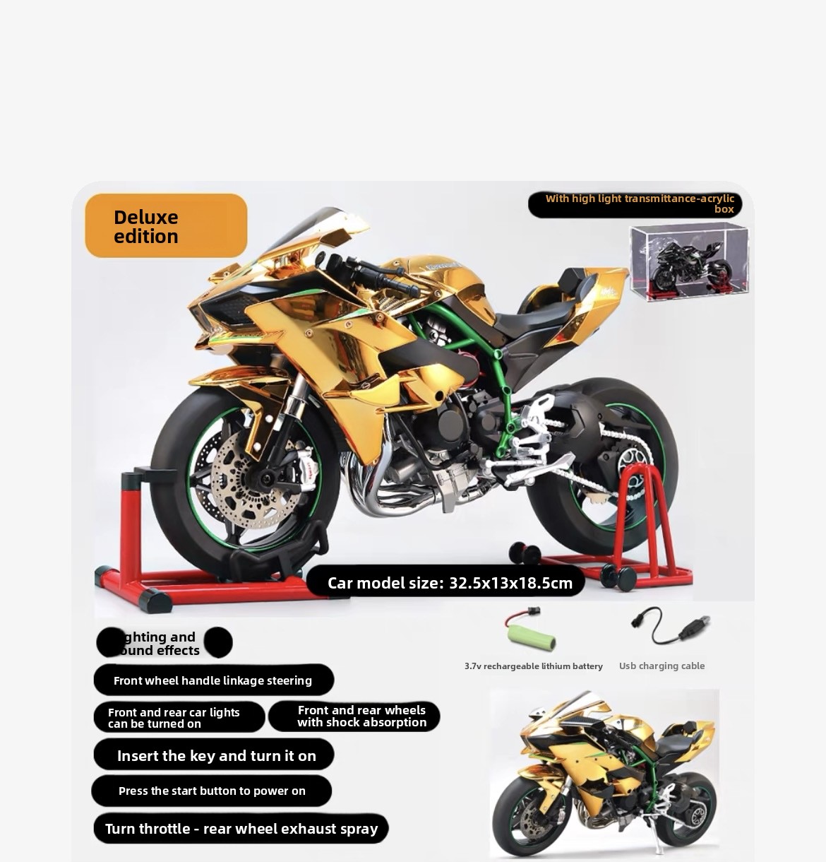 Kawasaki H2R Dynamic Motorcycle Alloy Model 1:6 Large Simulation Locomotive Ignite Start Model