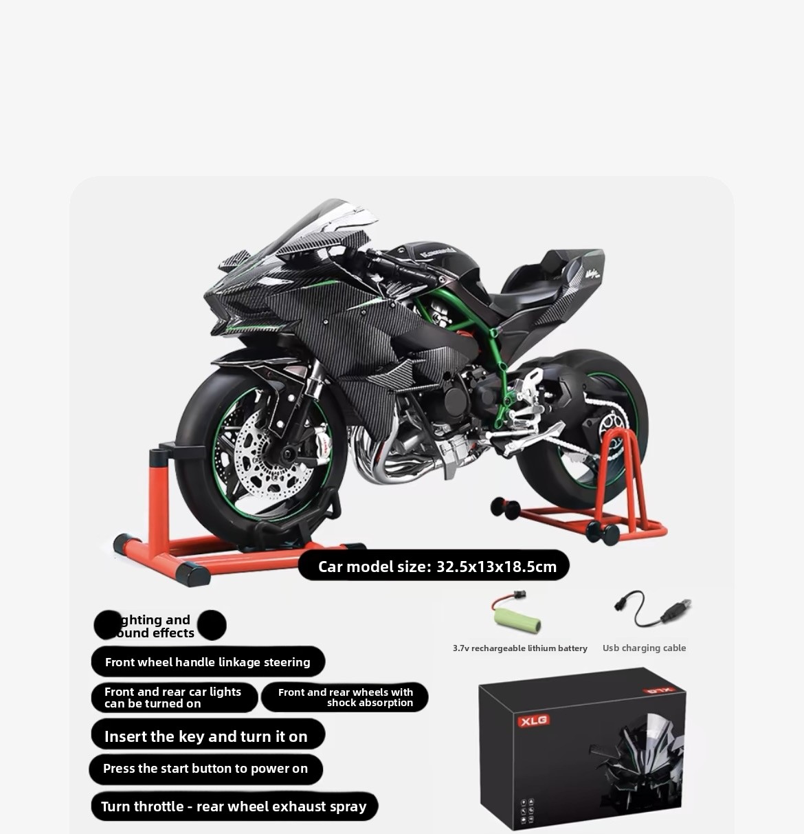 Kawasaki H2R Dynamic Motorcycle Alloy Model 1:6 Large Simulation Locomotive Ignite Start Model