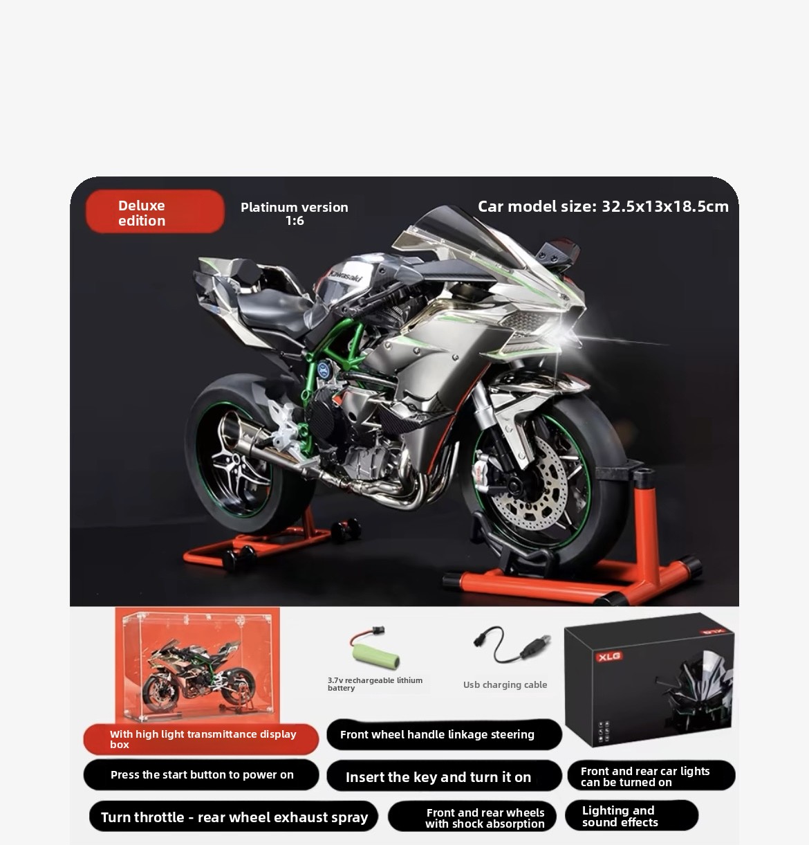 Kawasaki H2R Dynamic Motorcycle Alloy Model 1:6 Large Simulation Locomotive Ignite Start Model