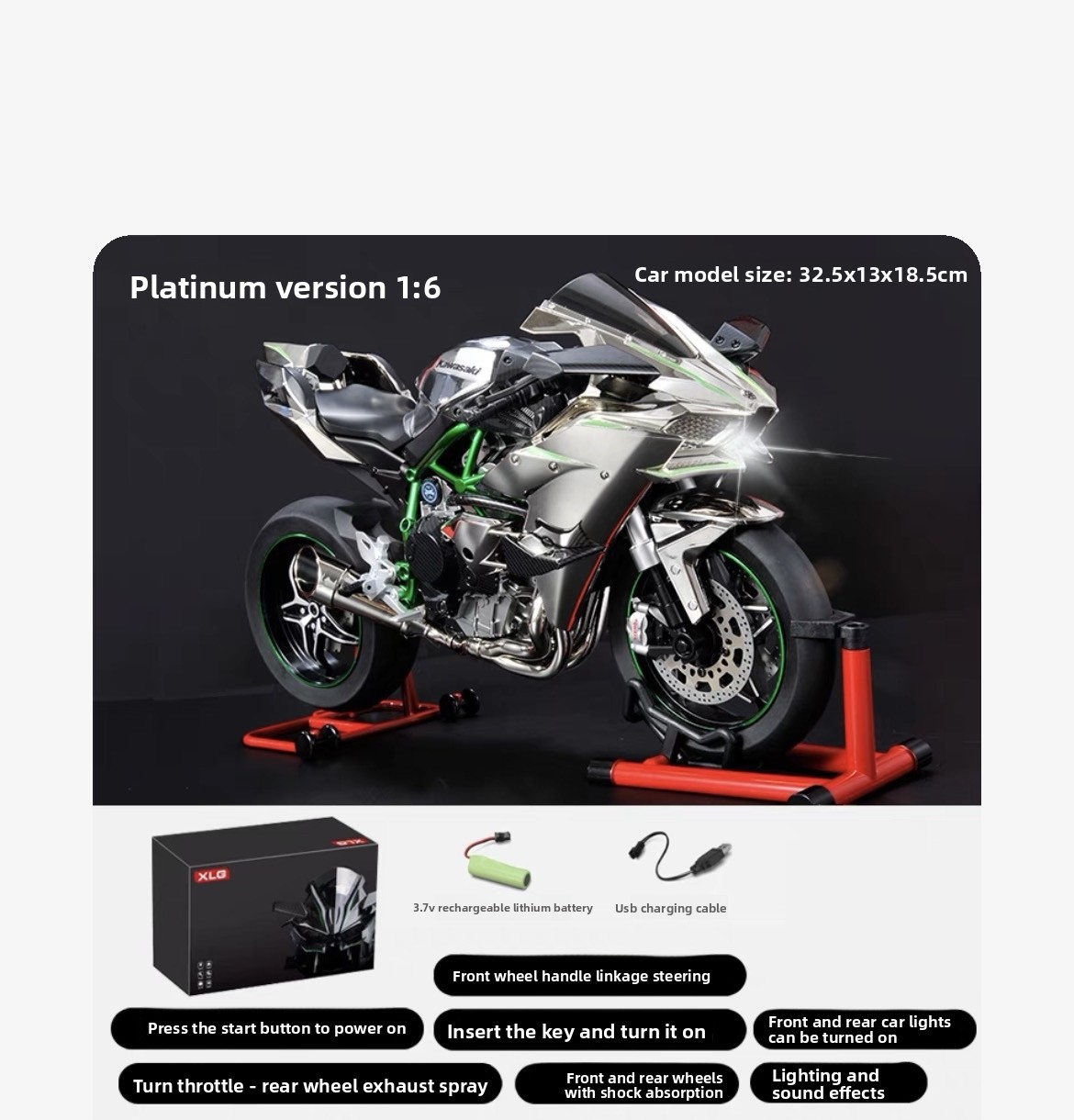 Kawasaki H2R Dynamic Motorcycle Alloy Model 1:6 Large Simulation Locomotive Ignite Start Model