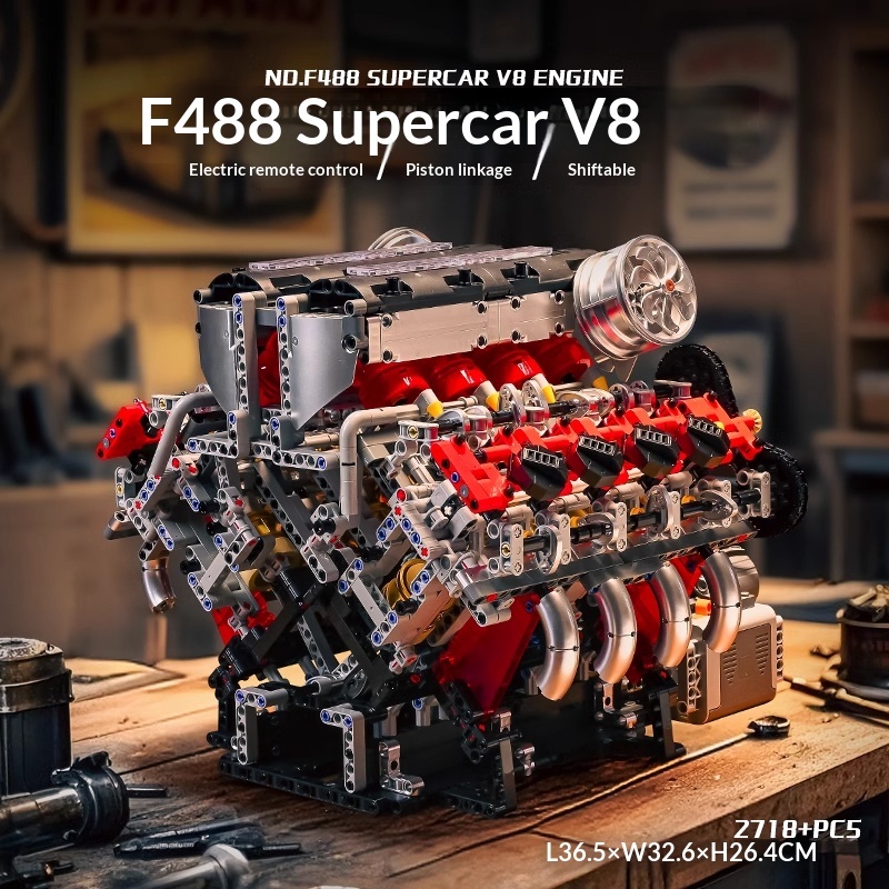 Mechanical linkage V8 multi cylinder engine building block assembly model