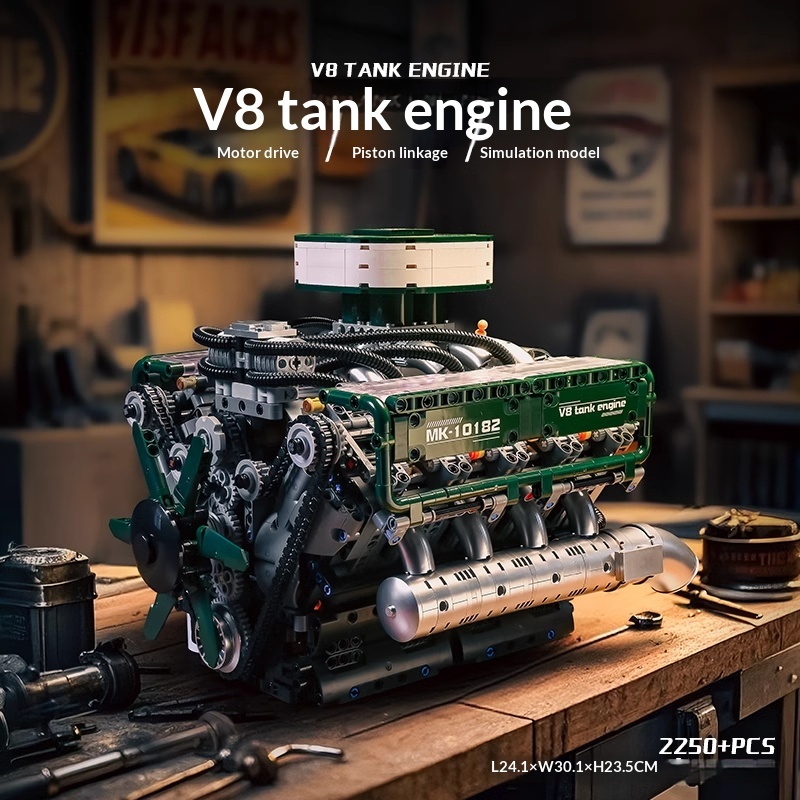 Mechanical linkage V8 multi cylinder engine building block assembly model