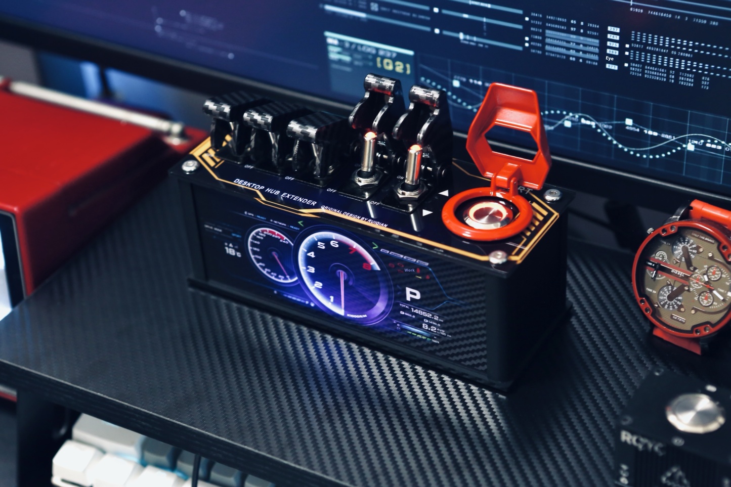 Table setup, USB blockchain docking station, hub extender, computer atmosphere light