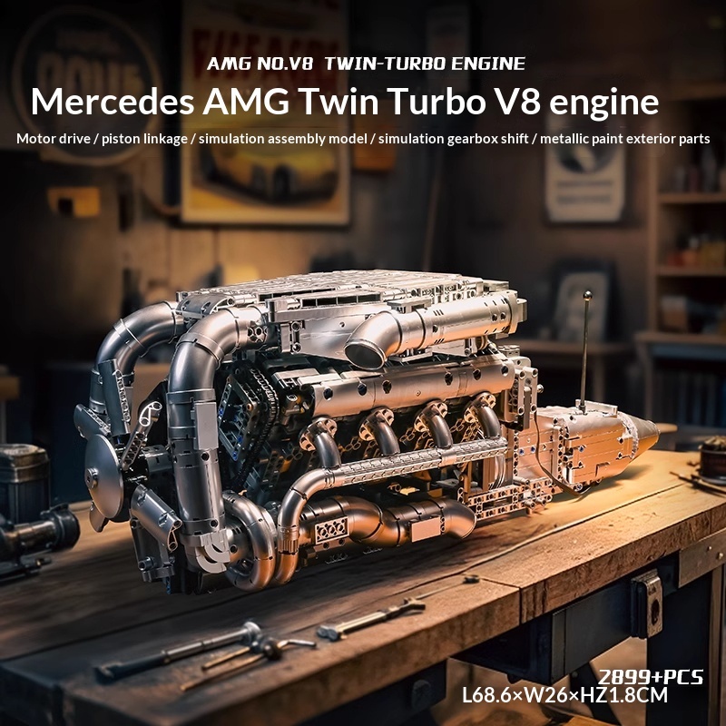 Mechanical linkage V8 multi cylinder engine building block assembly model