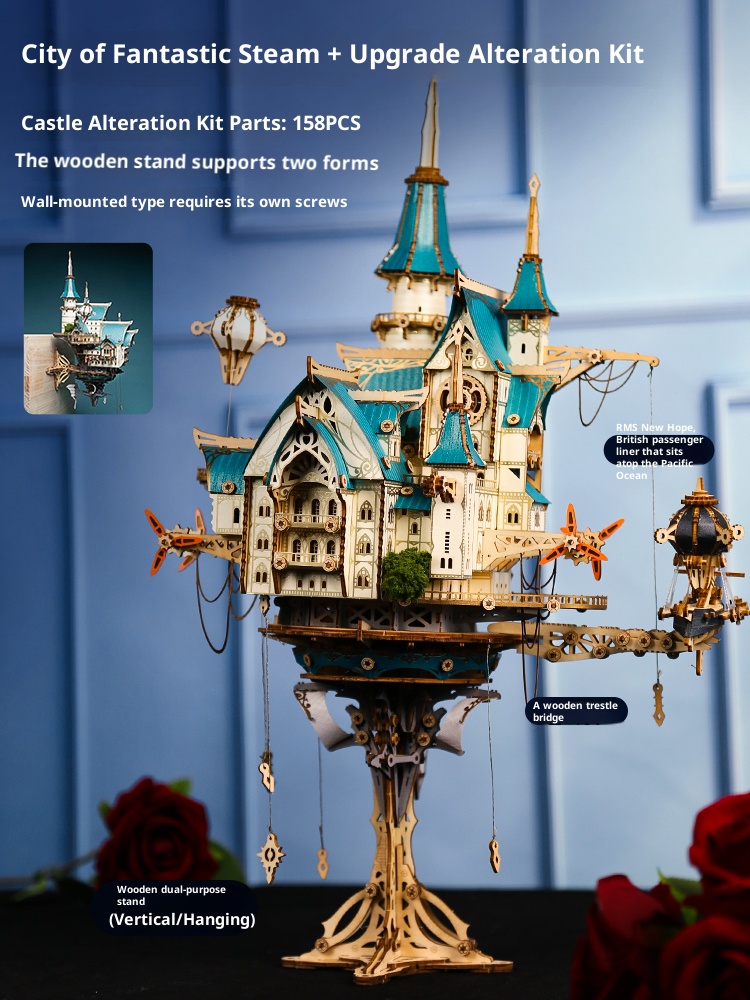 Fantasy Steam City Handmade DIY Sky Cabin, 3D Assembled Building Block Model Adult Version