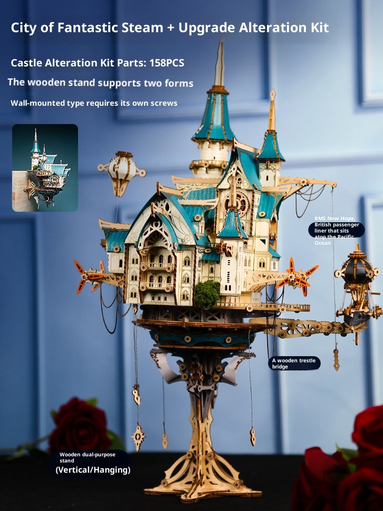 Fantasy Steam City Handmade DIY Sky Cabin, 3D Assembled Building Block Model Adult Version