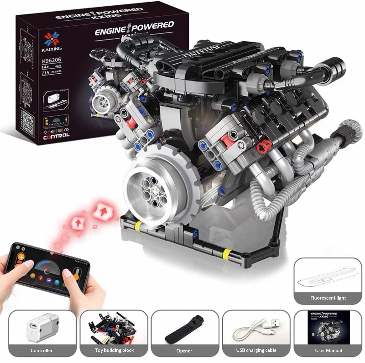 Mechanical linkage V8 multi cylinder engine building block assembly model